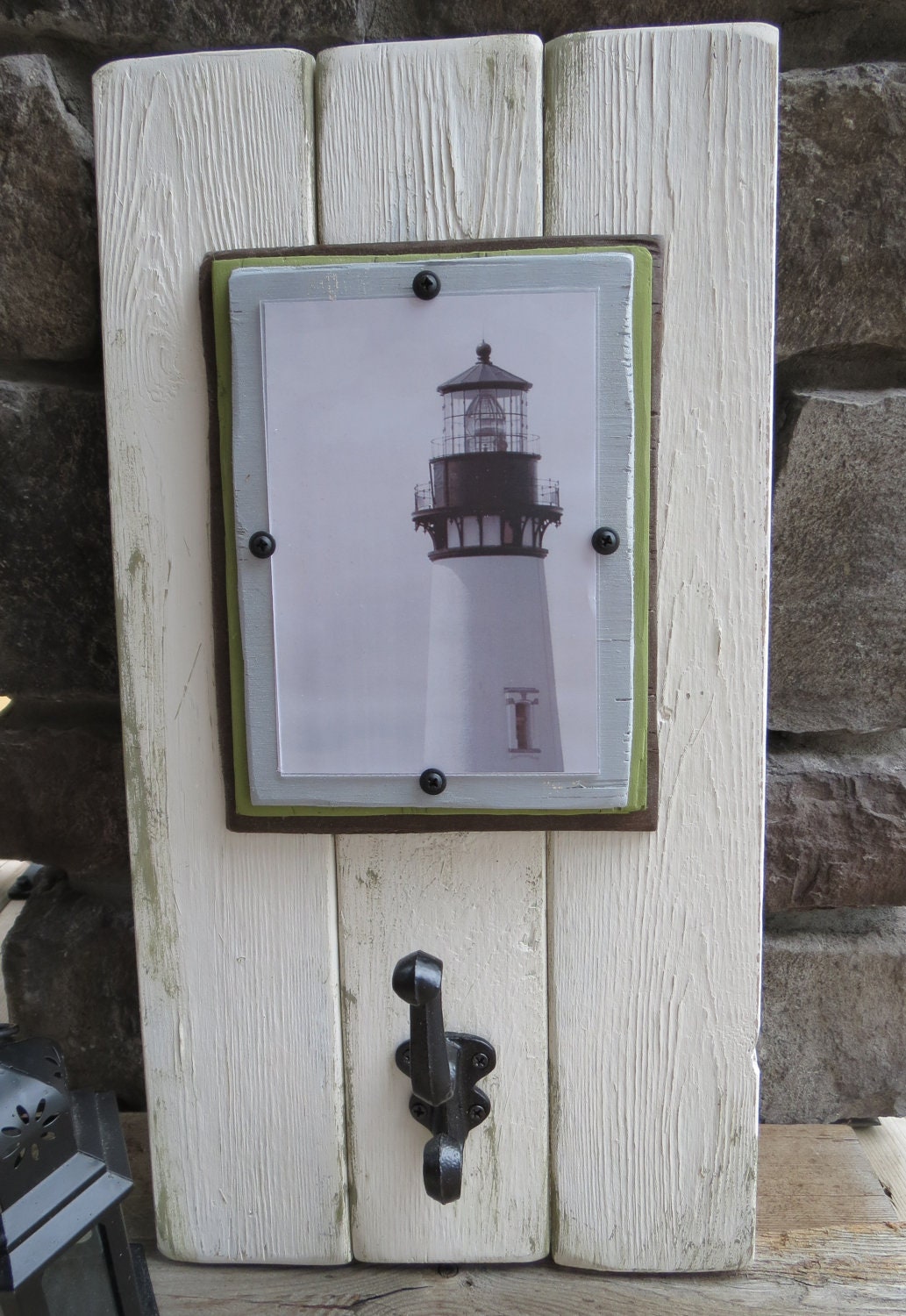 Distressed Wood Plank Frame with Antique Hook for 5X7 - Shabby, Cottage, Country, Beach, Rustic