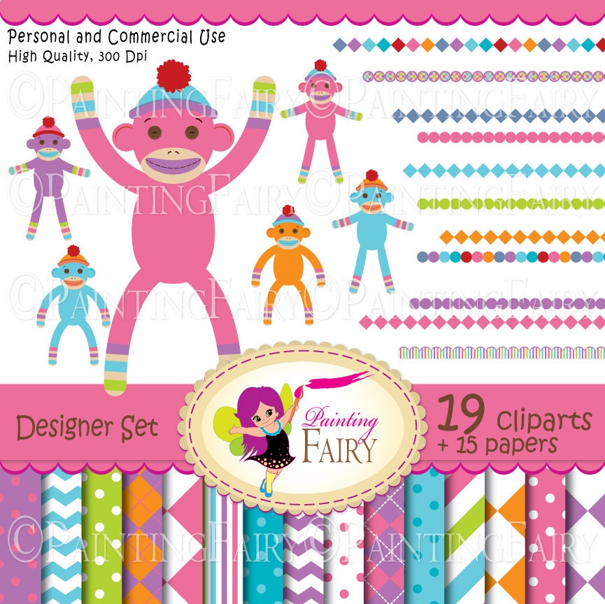 Socks Monkeys Digital clip art set scarfs crochet tasseled cap chevron elements Own Original Clipart Graphics & Digital Papers pf00040-4