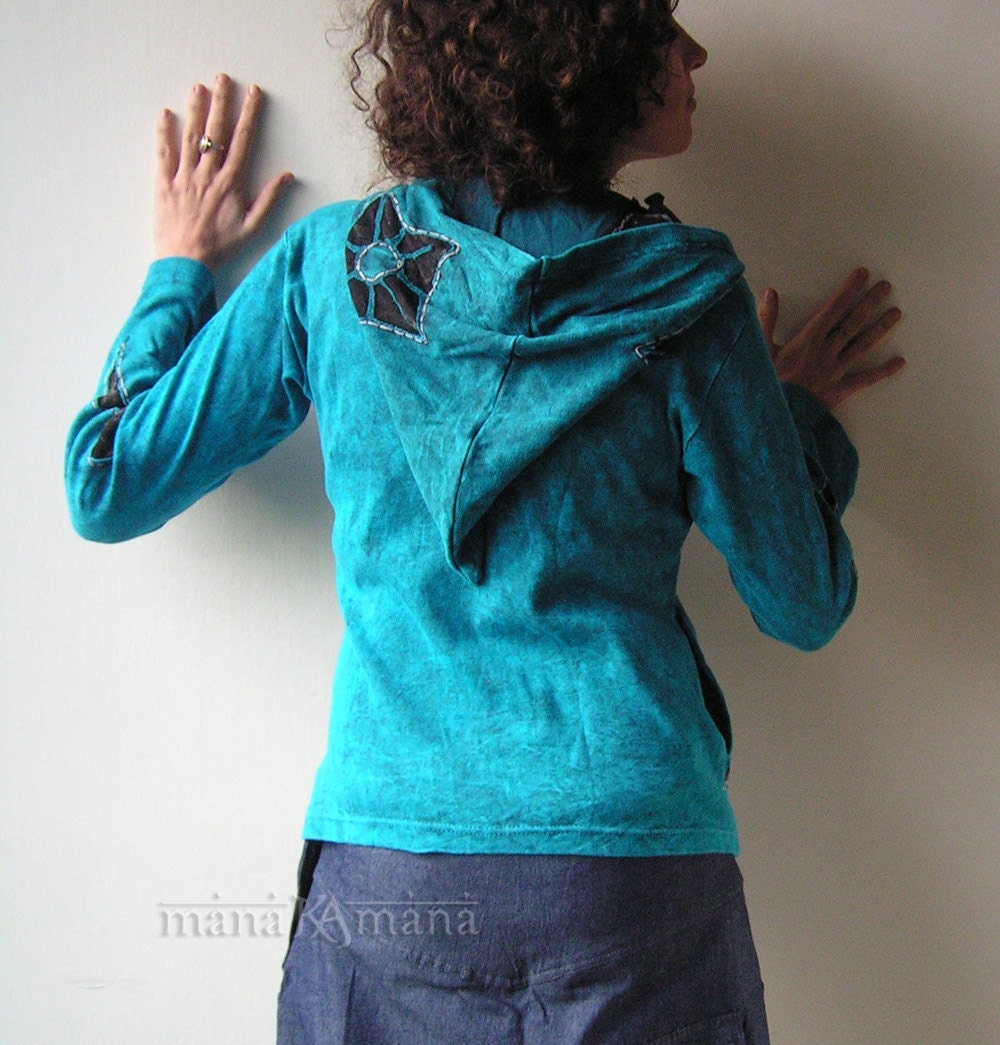 Sky Blue Cut out  Hoodie - Hand-Made - Pixie - Hippie - Men - Women - Pointed hood - Cotton  - Stone Washed