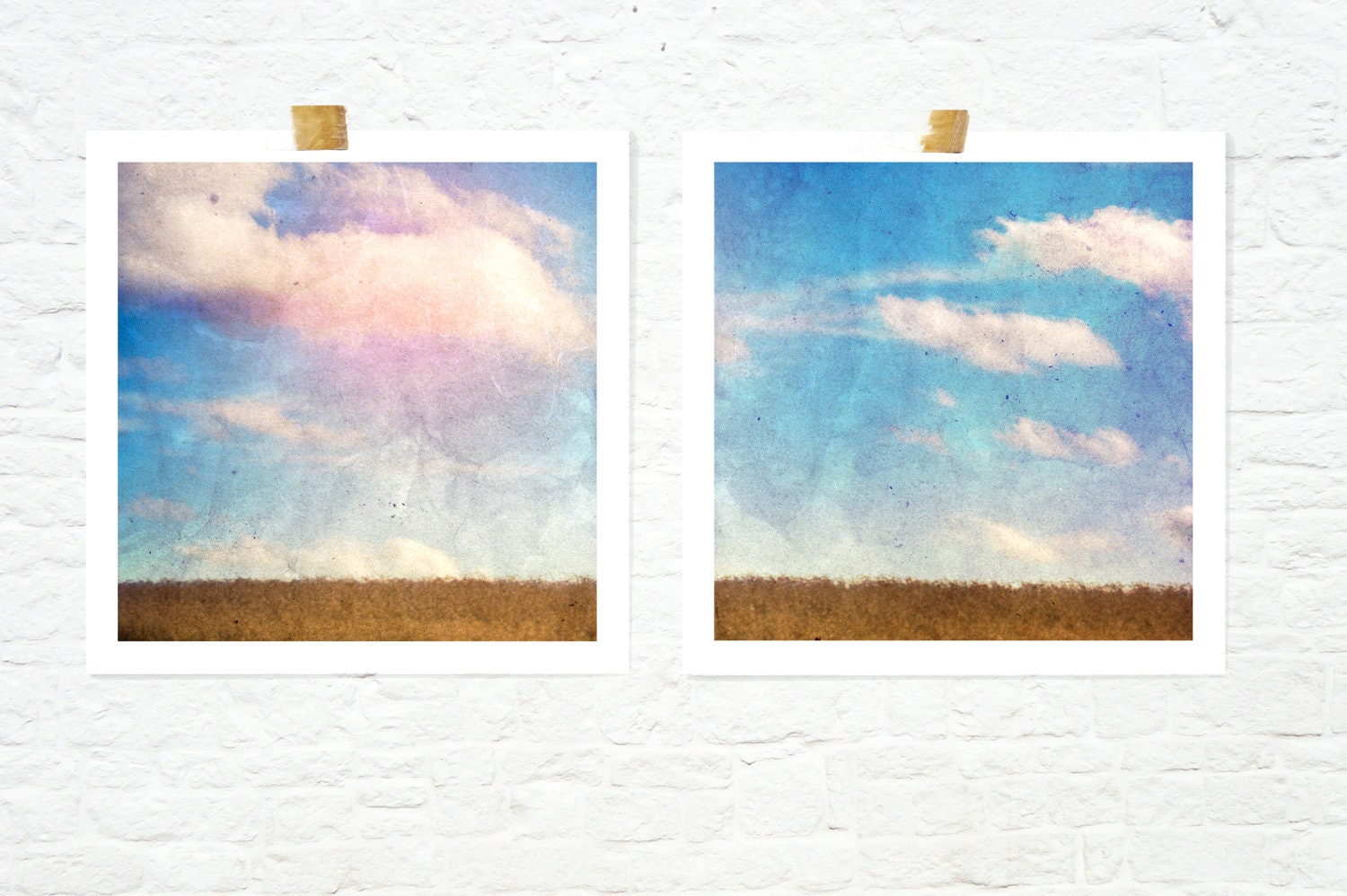 Cloud prints landscape nature photography wheat fields blue sky home decor pink gold blue white - Cotton Candy Cloud Diptych