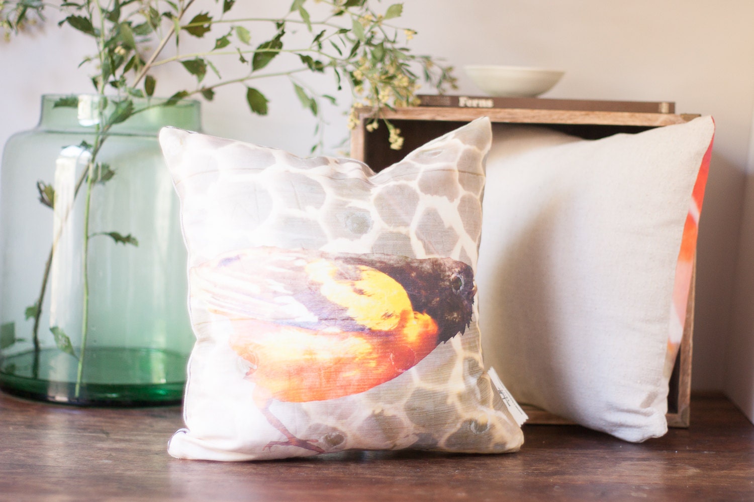 Geometric Honeycomb & Bird Rustic Watercolor Pillow Cover