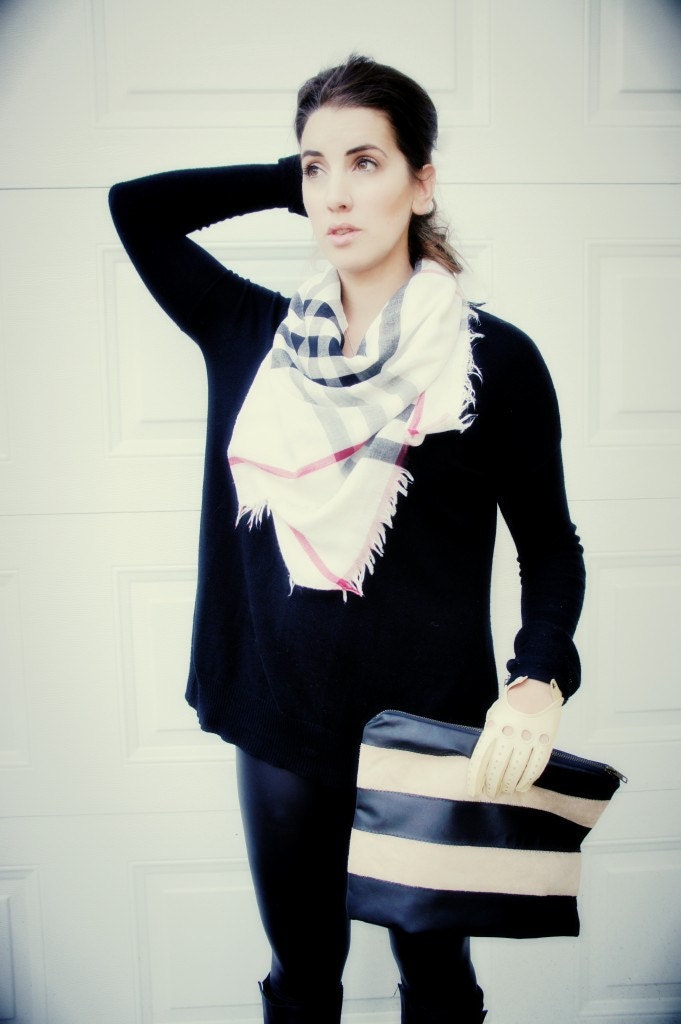 Canopy Stripe Leather Pouch in Pink and Metallic Silver. SALE