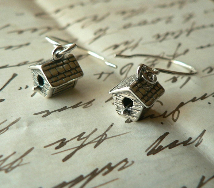 Tiniest Birdhouse sterling silver earrings French hoops
