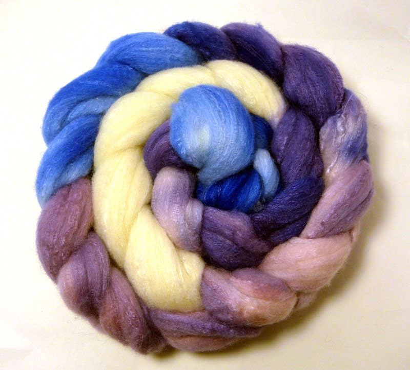 Handdyed Merino Wool/Tussah Silk Roving - Miranda - blue, purple, white