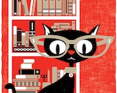 Screenprint Poster Print Black Cat Lucky 13 - Silkscreen Art Print Book Cat Lover Poster