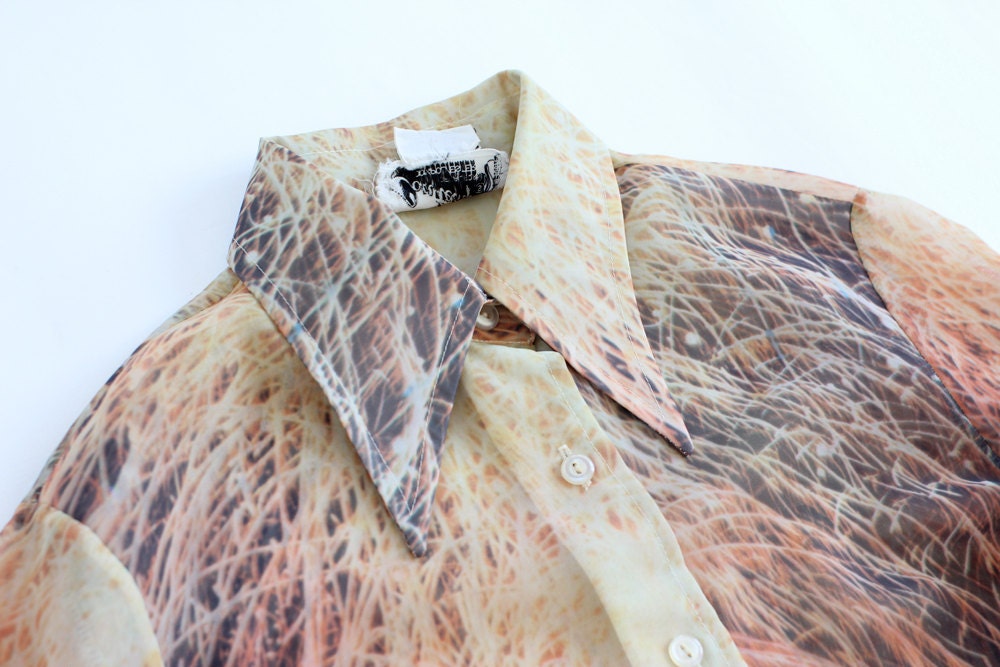 vintage 1970's photo realistic SHEER FIREWORK print blouse