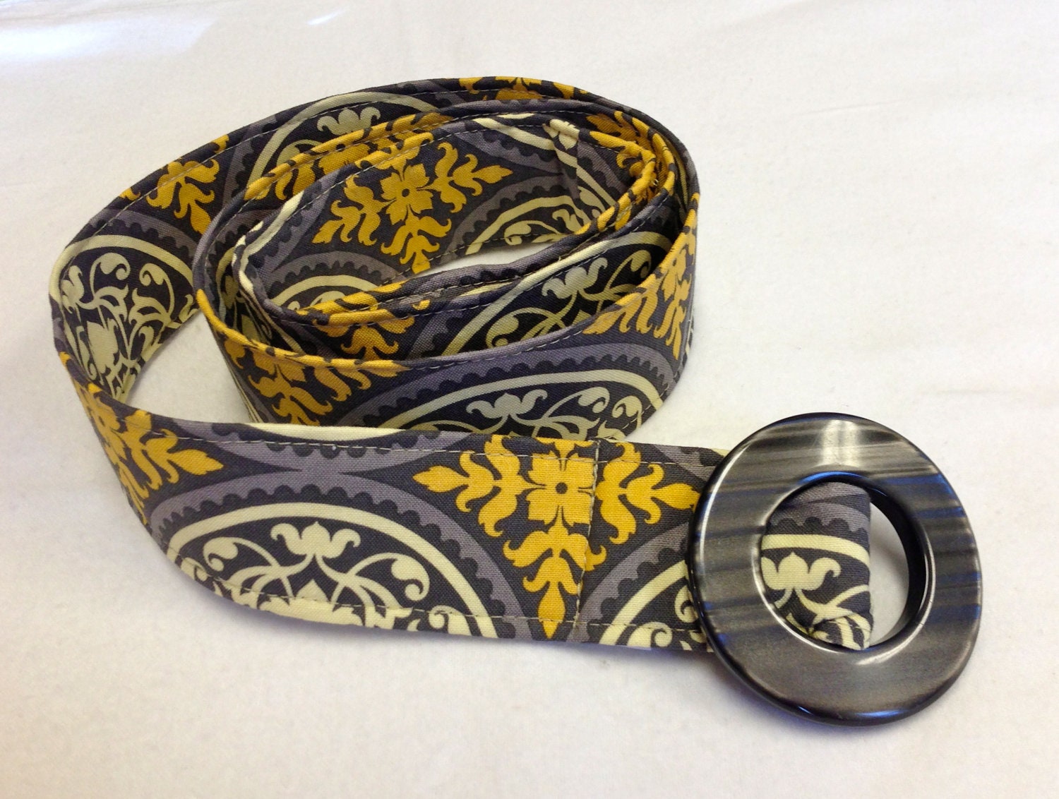 Women's Fabric Belt- mustard and grey medallion with lucite buckle