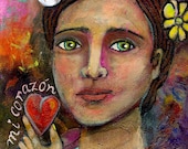Mixed Media painting   Flower Lady Heart Acrylics Original Art