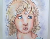 Girl, ORIGINAL drawing, face illustration, children illustration, hand drawn, small format art, blank note card