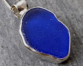 Genuine Cobalt Blue Sea Glass Pendant Bezel Set in Sterling Silver