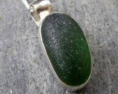 Genuine Forest Green Sea Glass Pendant Bezel Set in Sterling Silver