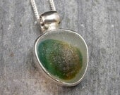 Genuine Green Olive Amber English Multi Sea Glass Pendant Bezel Set in Sterling Silver