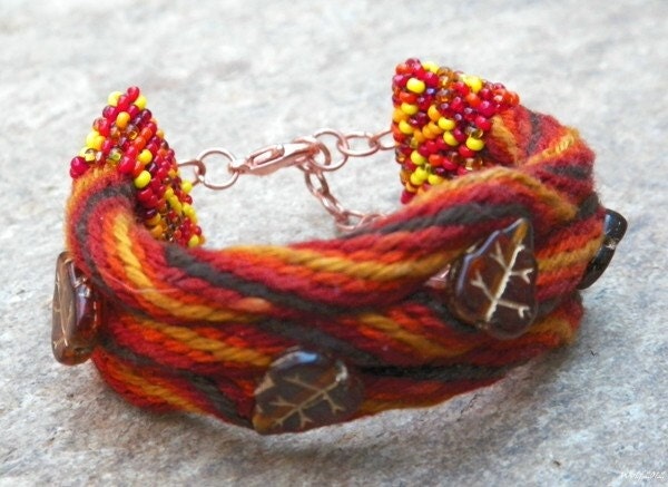 Fall Leaves, handmade kumihimo cuff with beadwork