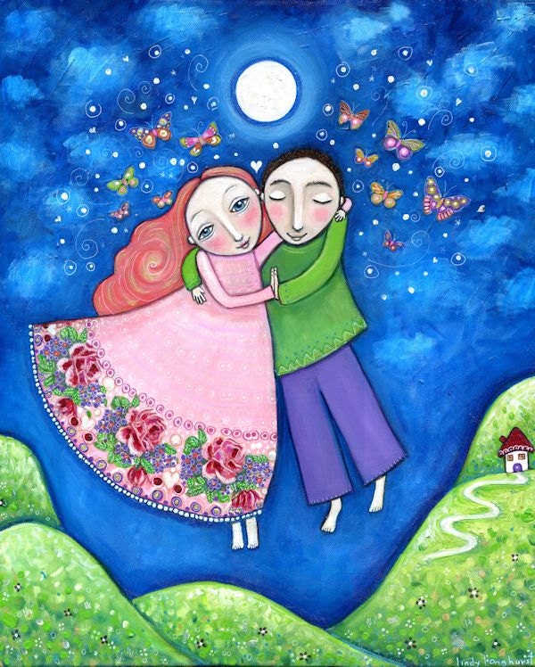 Couple art print dance lovers wedding gift engagement present whimsical folk art painting butterflies new love boy and girls room - 'Dance'