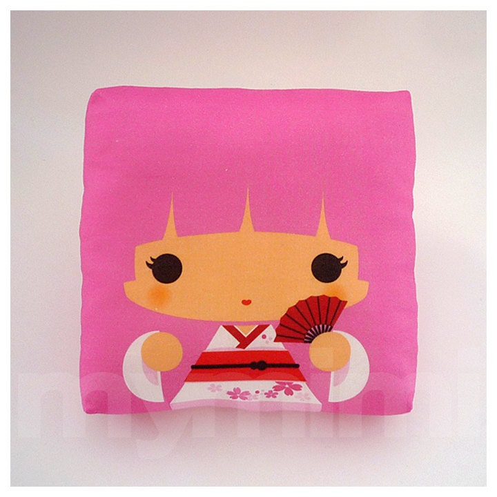 Decorative Pillow, Mini Pillow, Throw Pillow, Kawaii Toy Pillow - Pink Kokeshi Geisha Girl