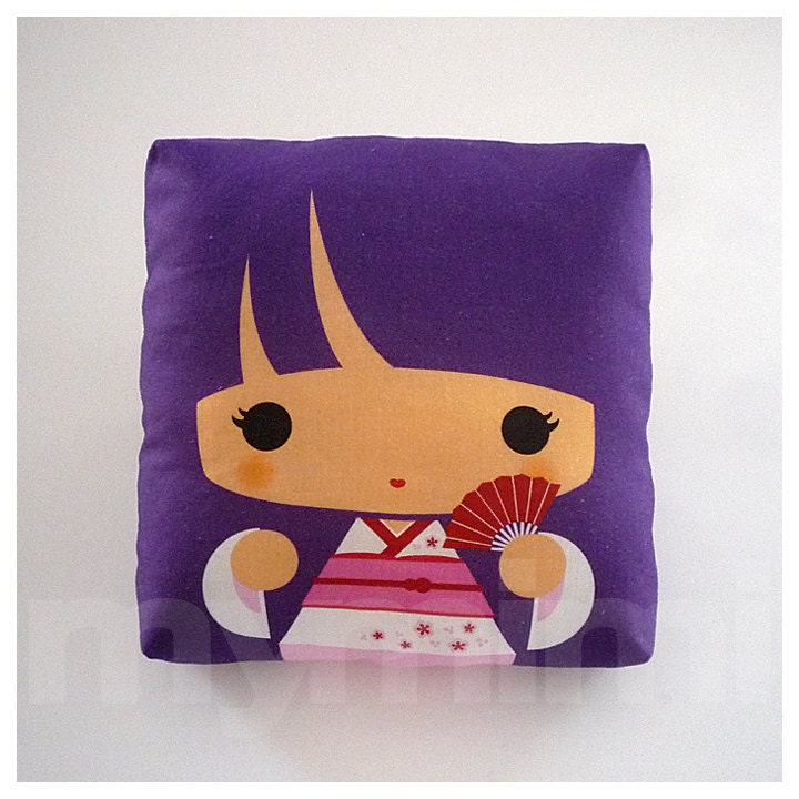 Decorative Pillow, Mini Pillow, Throw Pillow, Kawaii Toy Pillow, Stuffed Doll - Purple Kokeshi Geisha