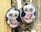 An Owl - Large Oval Shaped Brass Earrings With Owl Charm - Handmade Jewelry by Danita Art