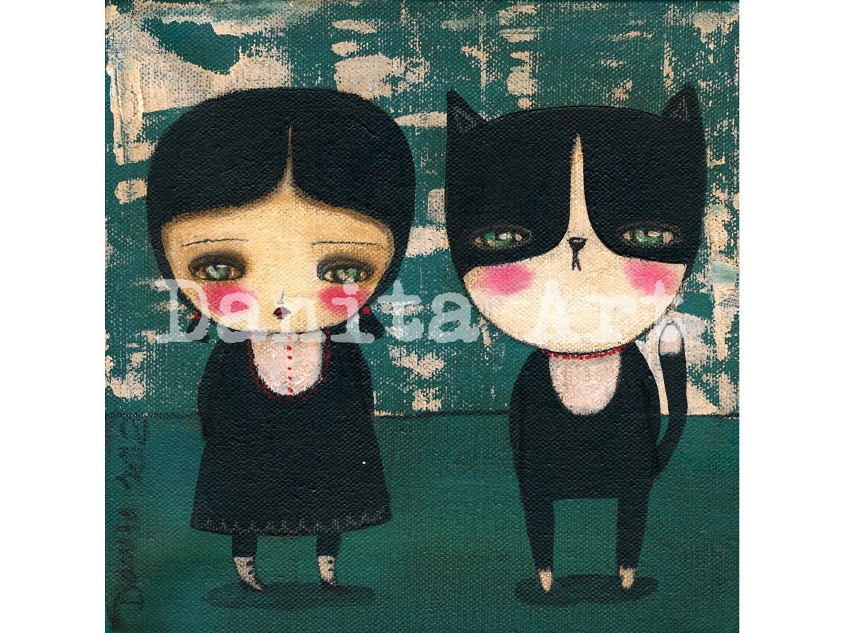 Me And My Cat - Giclee Reproduction from Original Mixed Media Collage Painting By Danita Art - (8x8 INCHES)