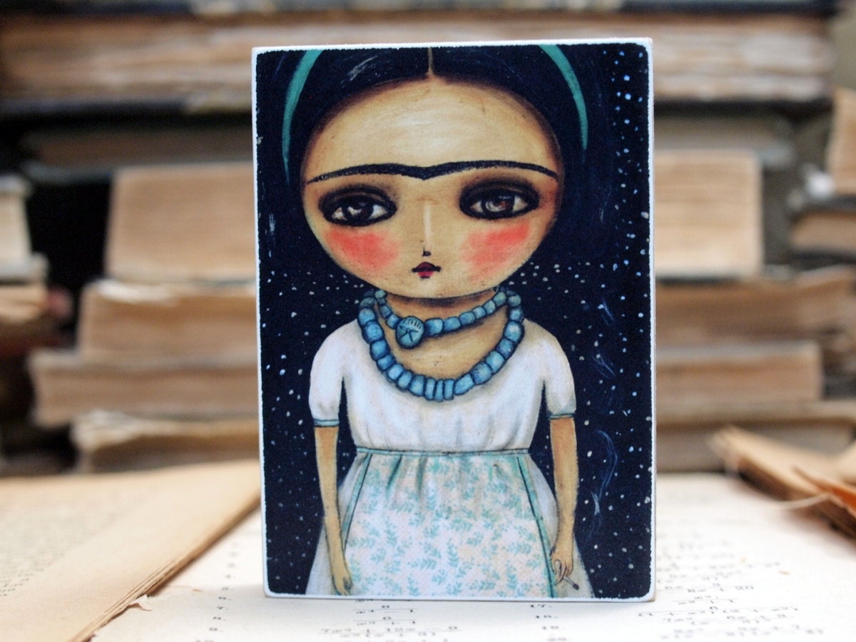 Frida With Cigarrette - 7x9 Inches Giclee Reproduction Mounted On Wood Block by Danita Art
