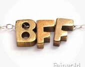 BFF Necklace - Tiny Vintage Brass Letters Pendant on Sterling Silver Chain - Free US Shipping