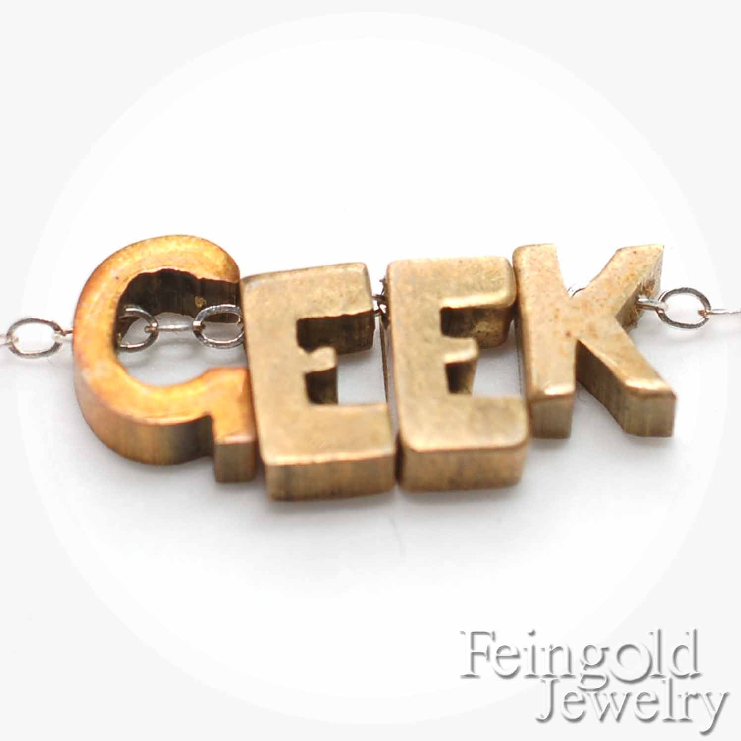 GEEK - Tiny Letters - Necklace - Initials - Vintage Brass Pendant on Sterling Silver Chain - Free US Shipping