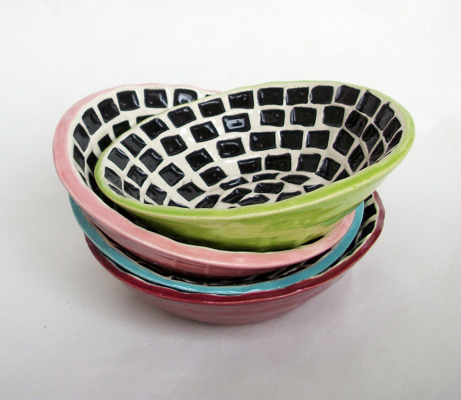 Set of 4 Small Ceramic Bowls Black Squares with Rainbow Colors