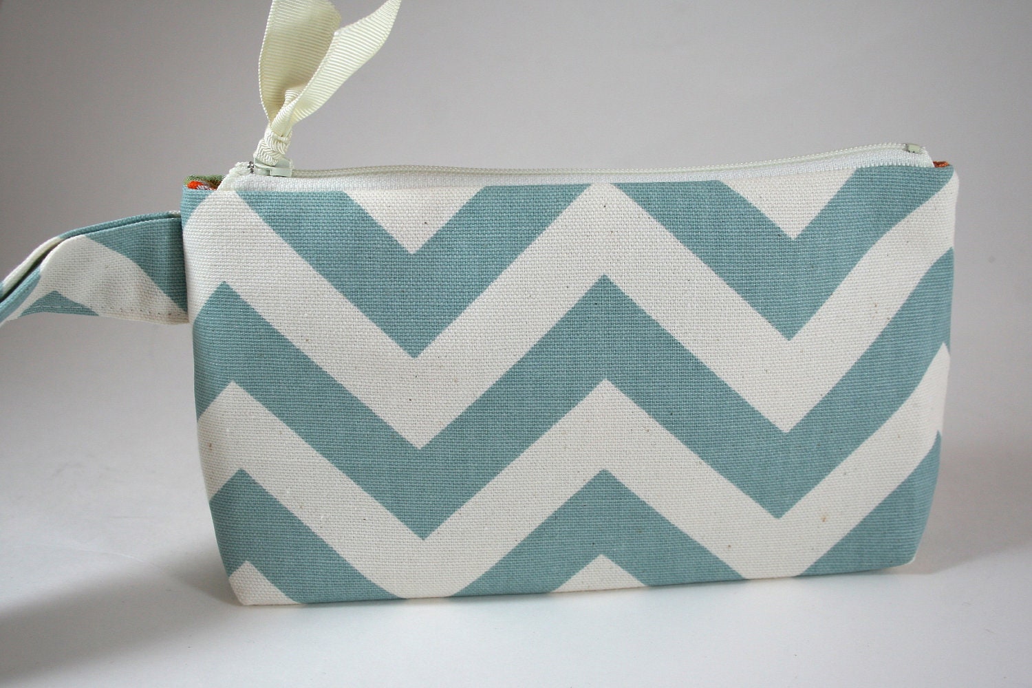 Large Wristlet  Zipper Pouch in Village Blue Chevron