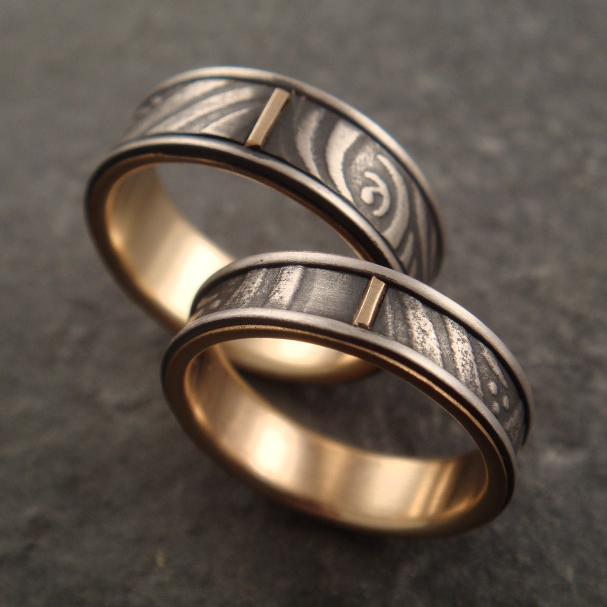 Wedding Band Set - Commitment Rings - Custom Pattern Sterling Silver and 10k Gold
