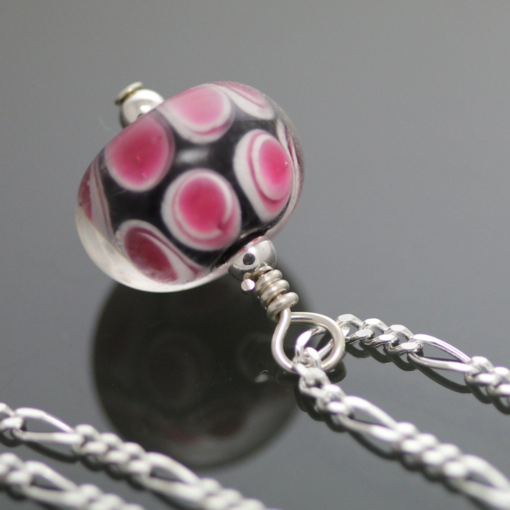 CLEARANCE Lampwork Glass Pendant on a Sterling Silver Chain - Black with Pink Dots - s10n001