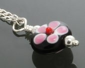 CLEARANCE Little Lampwork Glass Pendant on a Sterling Silver Chain - Black with Pink Flowers - s10n004
