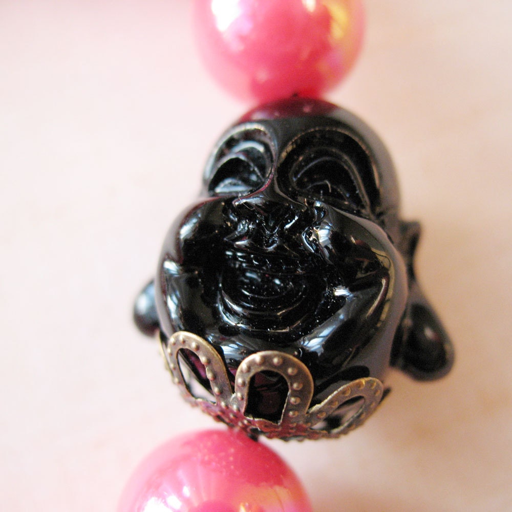 Pink and Black Happy Buddha Beaded Bracelet - Buddhism Zen