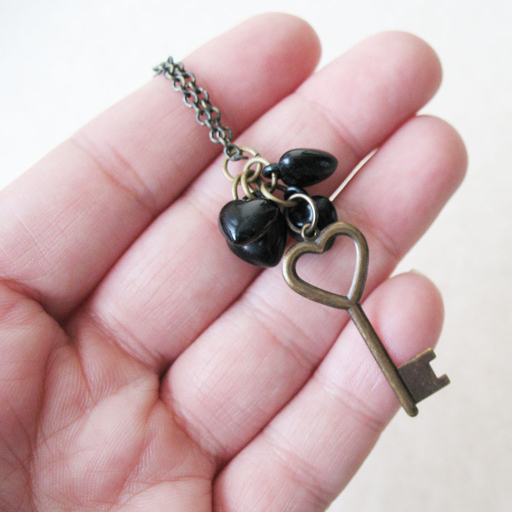 Black Hearts Cluster Key Necklace Antique Brass - Gothic Victorian Vintage Inspired FREE US SHIPPING