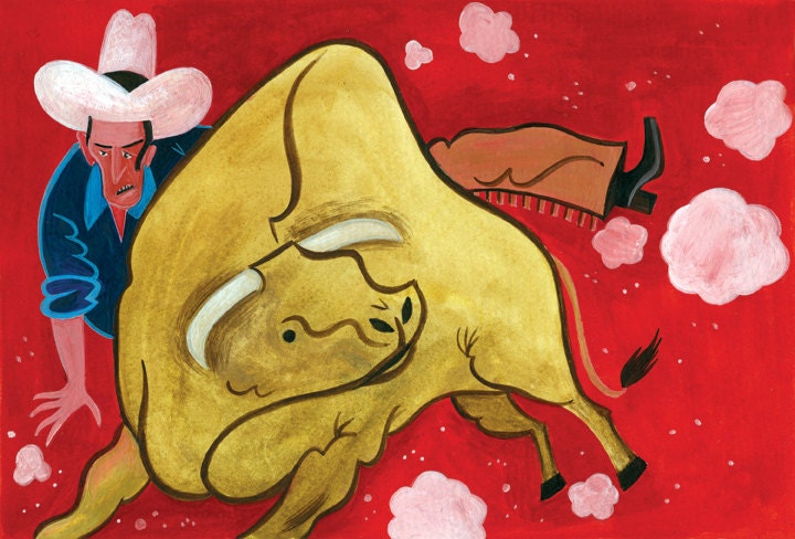 ORIGINAL Bull Rider gouache 10x6.5 painting by Mike Gorman
