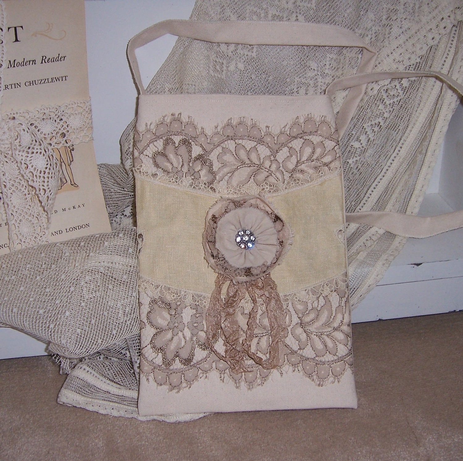 lace and canvas mini tote bag tattered shabby chic french country style doily purse