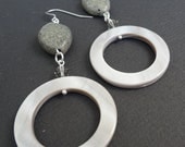IN THE GREY gemstone, swarovski crystal and mother of pearl hoop earrings.  Funky, unique earrings.  Grey hoop stone earrings.