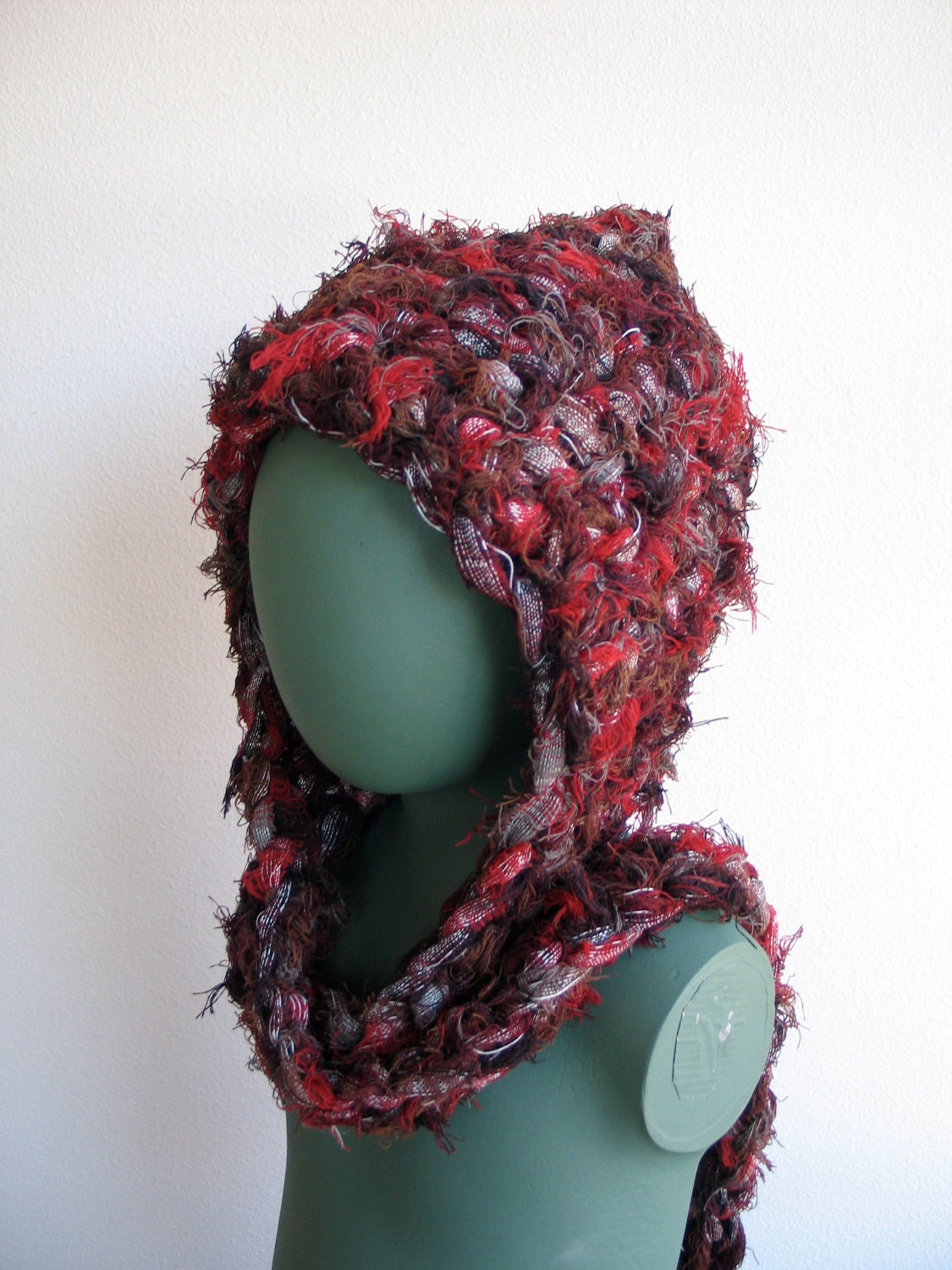 Autumn Smoke Wool Hood in Mottled Red Rust Brown Charcoal and coal