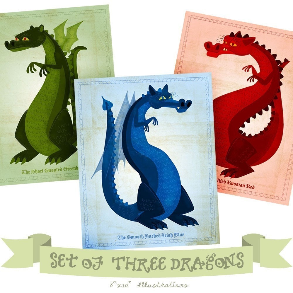 Dragon Art Series - Set of 3 Illustrations - 8 in x 10 in Dragon Prints - Childrens Art