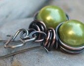 Copper  Earrings Green Pearl Earrings Antiqued Copper Jewelry