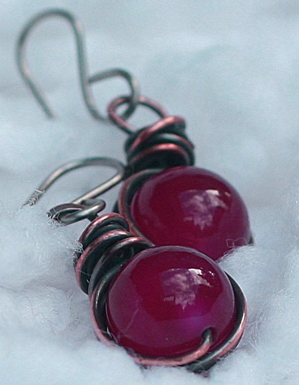 Copper  Earrings  Fuschia Earrings Antiqued Copper Jewelry