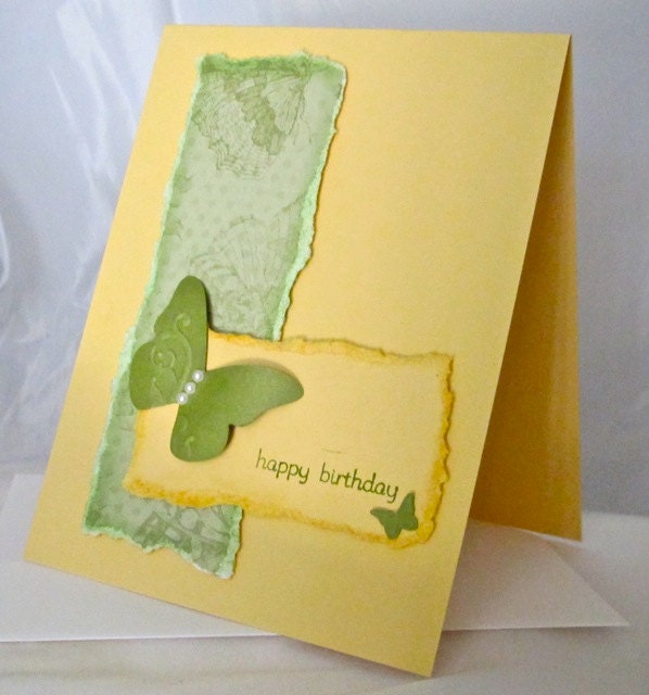 Happy birthday card butterfly stamped shabby chic green yellow handmade distressed embellished embossed