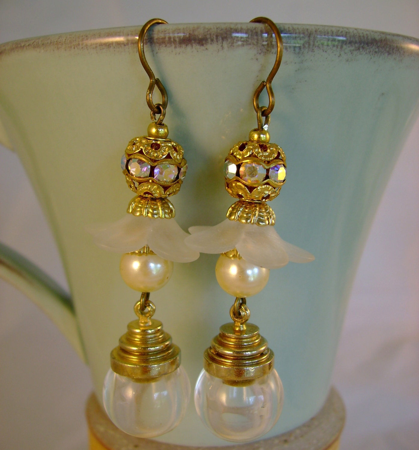 Bright Idea - Victorian Clear Glass Bulbs Pearls Rhinestones Recycled Repurposed Upcycled Earrings