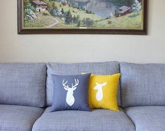 Deer and Doe Decorative Pillow Set - Gray, Lemon Zest and White