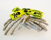 Double Skeleton Hands Lime Green Skull Ribbon Creepy Hair Barrette Clip