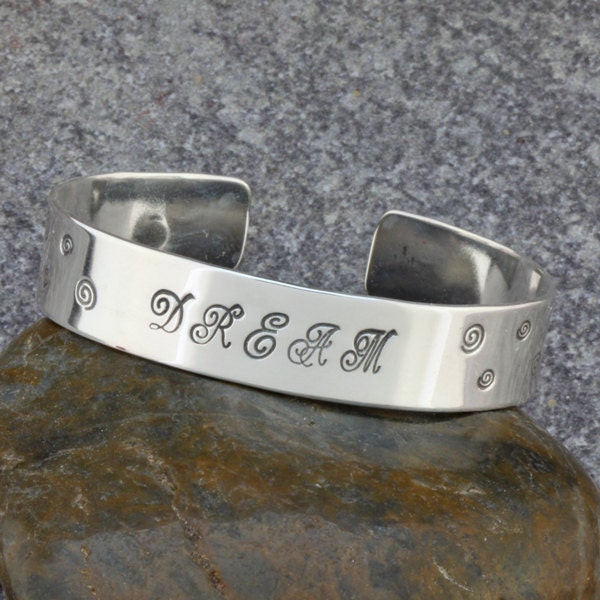 Inspirational Hand Stamped Sterling Silver Wide Cuff Bracelet - DREAM