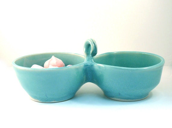 Blue Double pet food bowl for small cat or dog / condiment bowl set desk organizer home decor