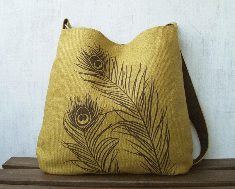 Hemp Tote Bag / Messenger Bag with Peacock Feathers - Golden Mustard
