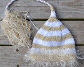 Baby Girl Boy HaT PHoTo PRoP newborn CoUNTrY CHRiSTMaS knit ToY MaKer Cap UNiGENDeR FuZZy BRiM TaSSeL TaN WHiTe stripe ReADY to SHiP