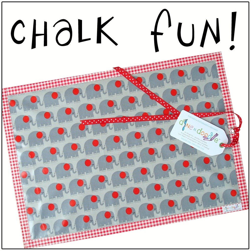 Chalk Mat / Chalkmat: Elephants on Parade coloring travel placemat - chalk cloth & laminated cotton - Sale take 20% off