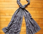 Screen printed Jersey Scarf-Heather Gray with Eggplant Purple Wallpaper Print