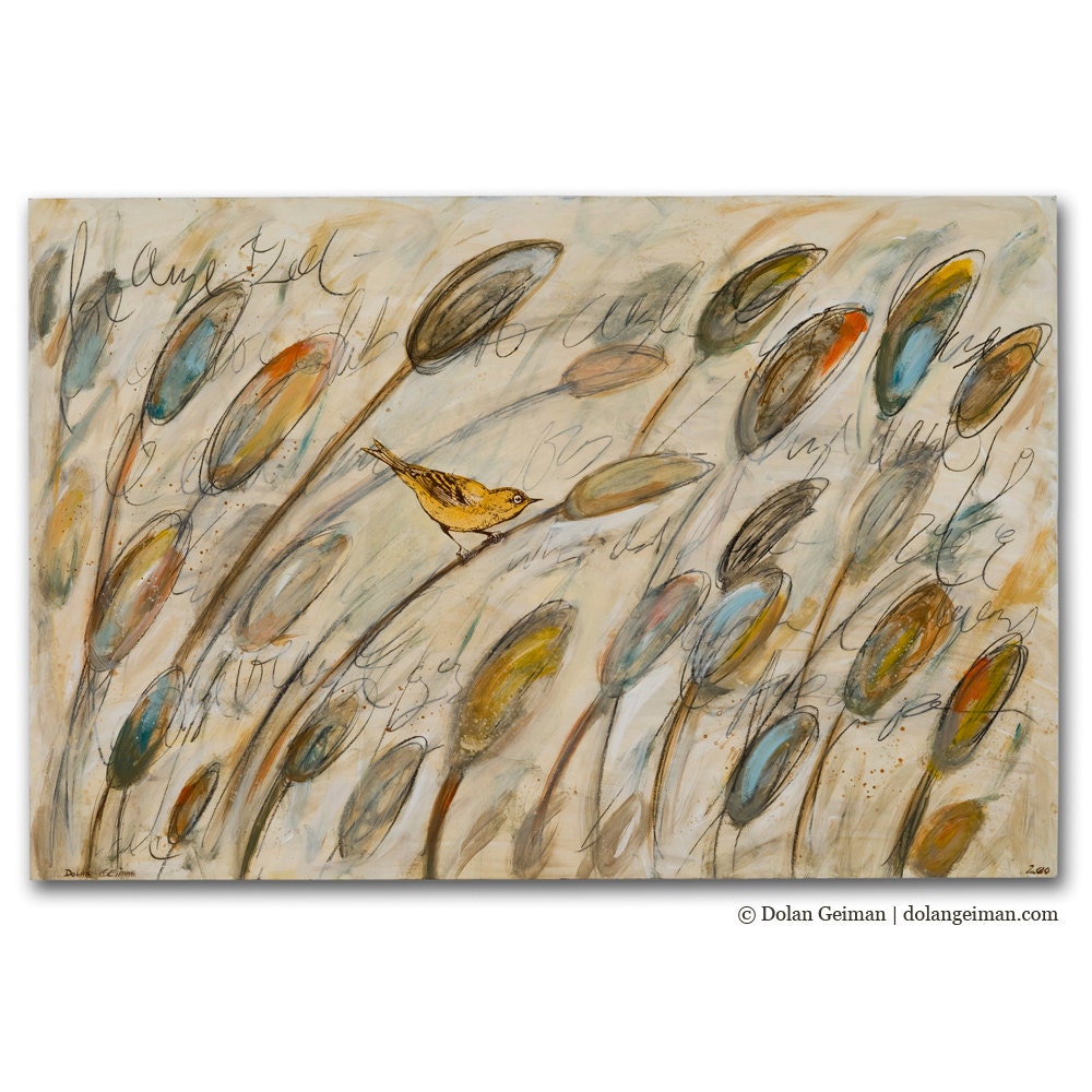 Neutral Prairie Canary Decor, In the Cattails Collection, Large Painting on Wood, Made to Order